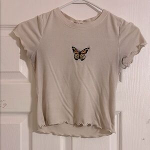 Ribbed Cream T-Shirt with Butterfly Patch